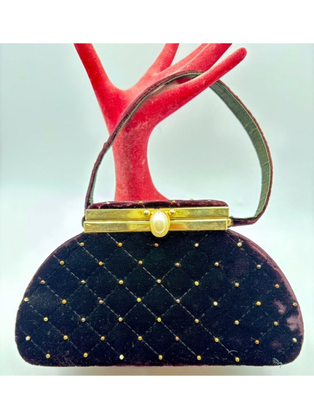 1970s Gold Studded Quilted Velvet Box Purse Faux Pearl Clasp